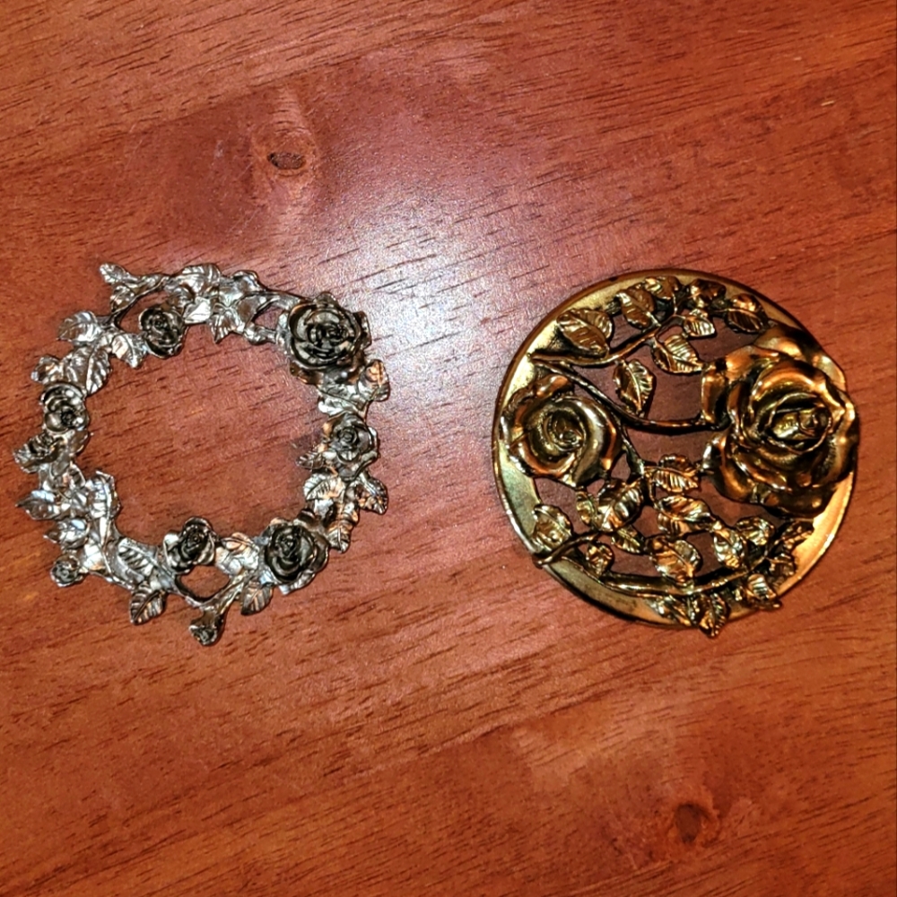 Vintage 3D Rose Potpourri Jar Toppers Silver/pewter-tone Wreath & Brass/Goldtone